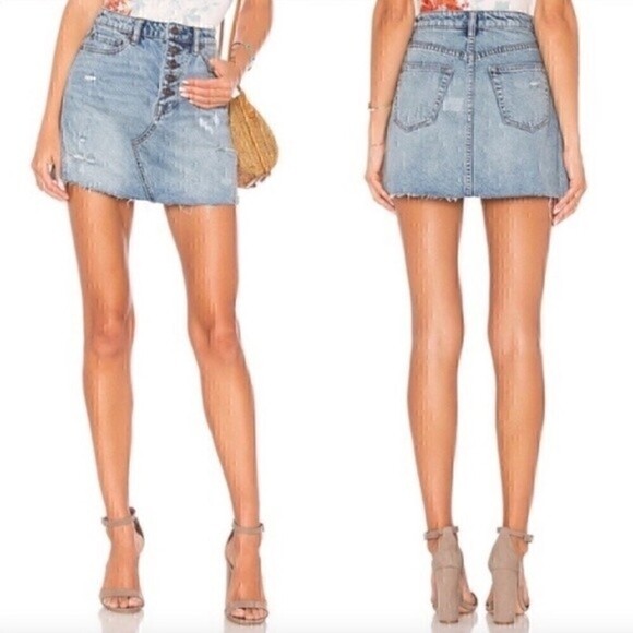 Free People We The Free Button Fly Raw Hem Denim Skirt - Picture 1 of 4